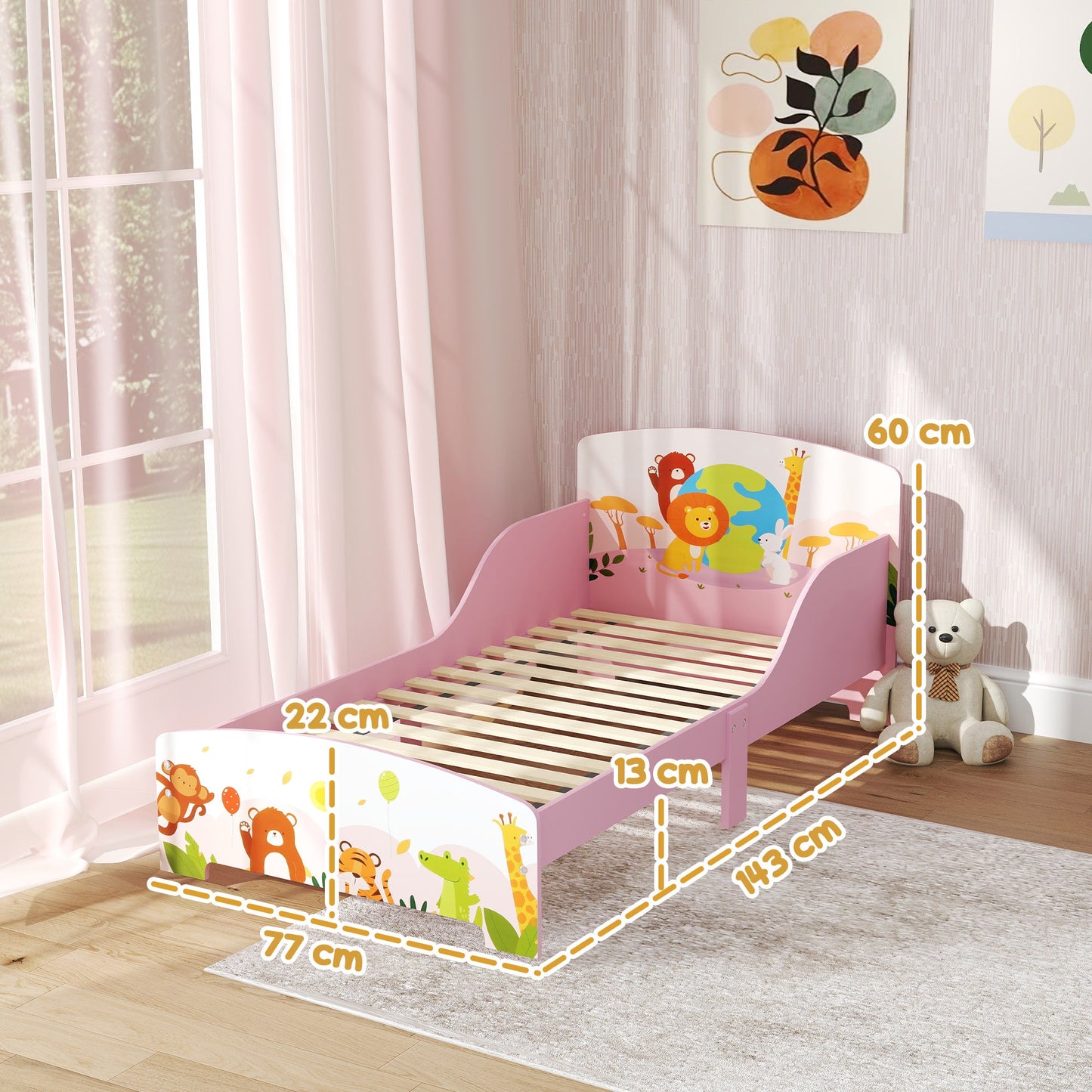 Toddler Bed with Safety Rails and Cute Animal Design - White