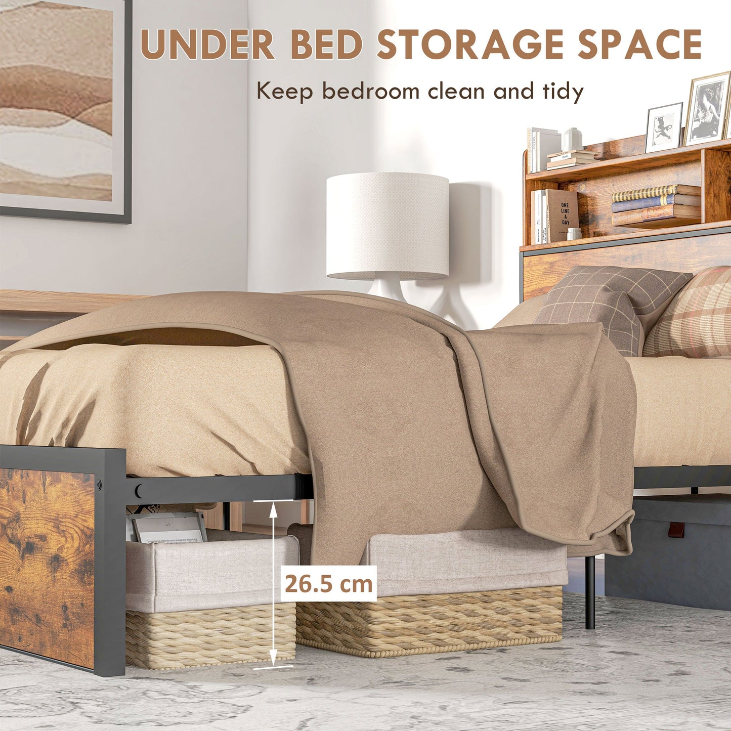 Industrial Double Bed Frame with Storage Headboard - Rustic Brown