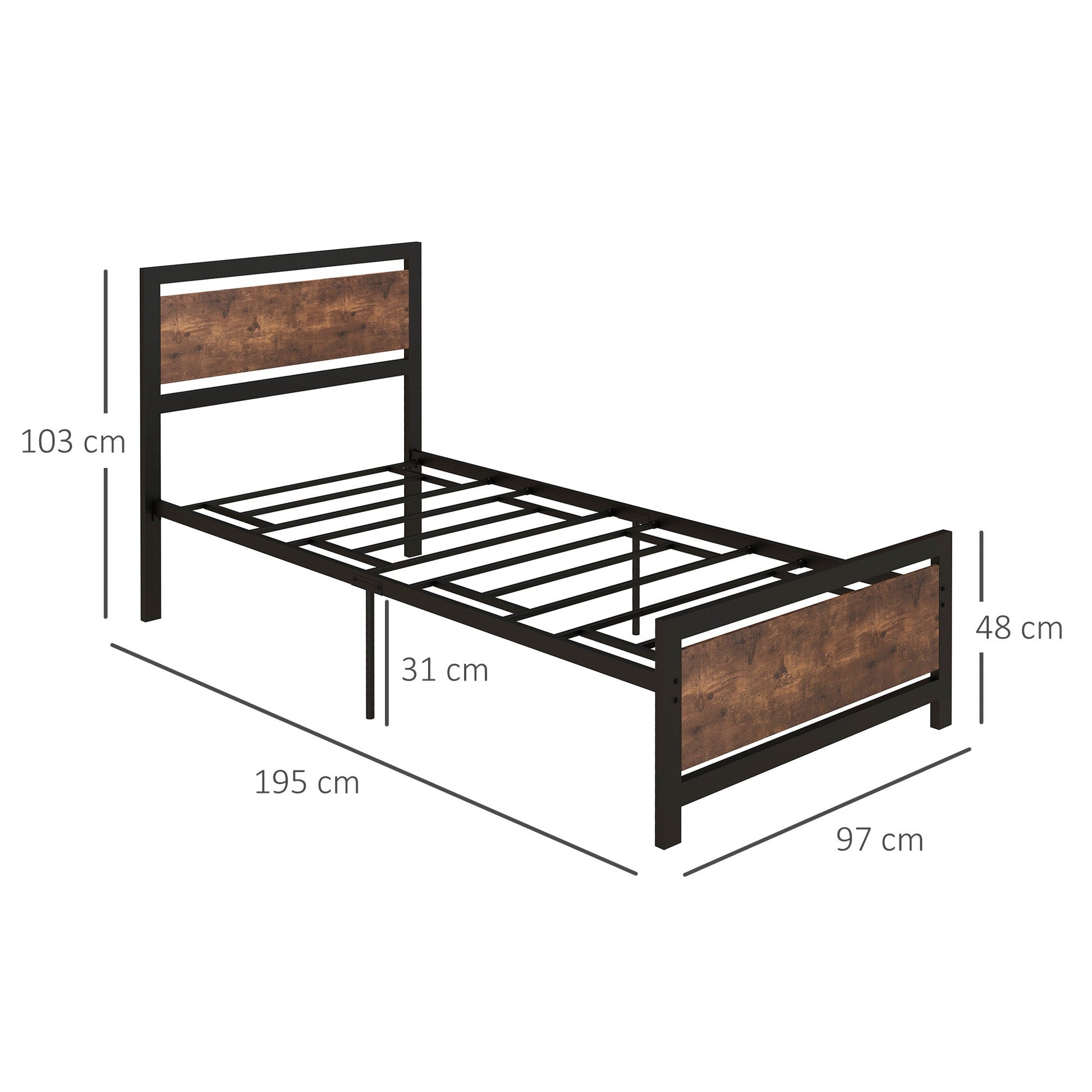 Single Industrial Style Metal Bed Frame with Rustic Wooden Headboard - Black-2