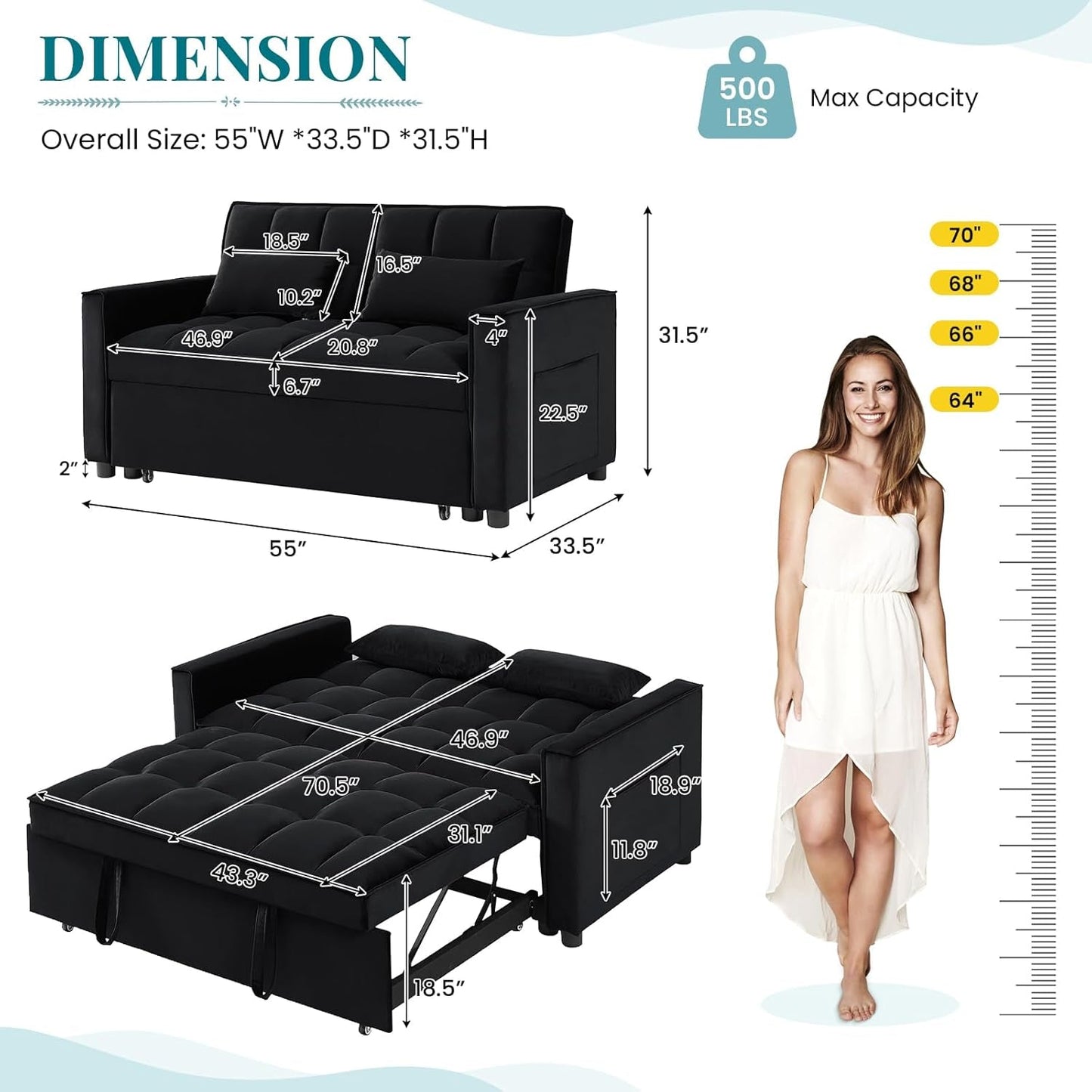 Modern Velvet 3 in 1 Convertible Sleeper Sofa Bed