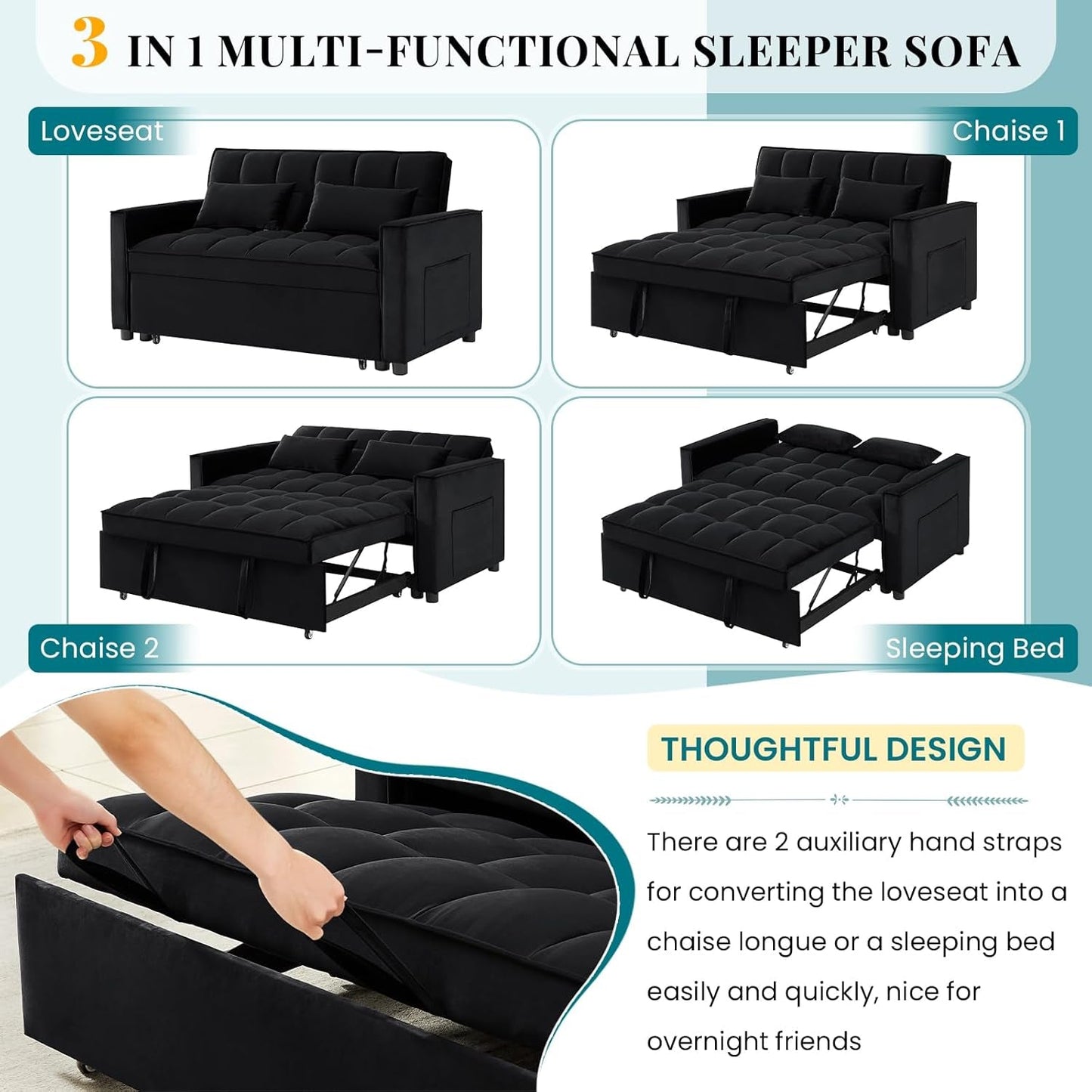 Modern Velvet 3 in 1 Convertible Sleeper Sofa Bed
