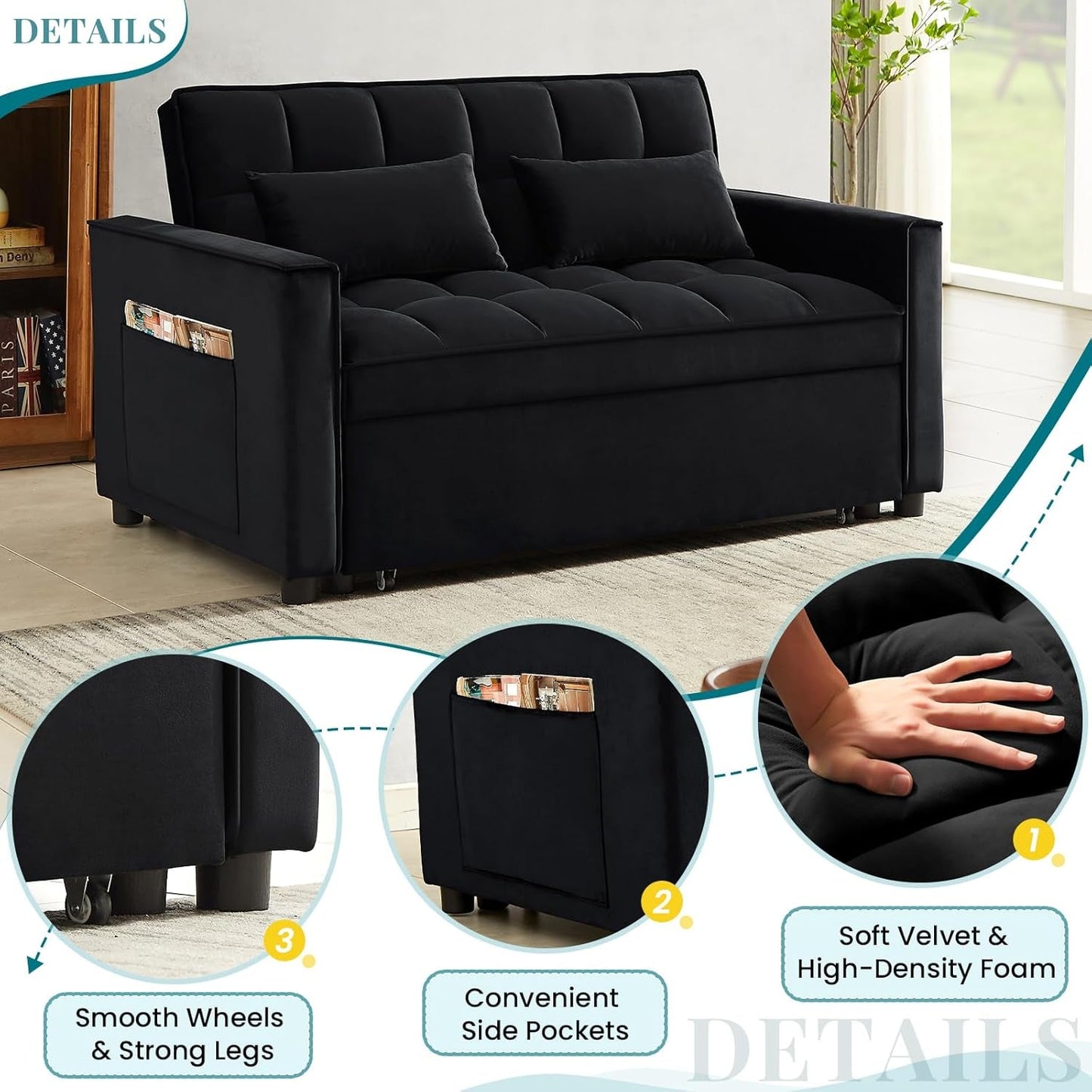 Modern Velvet 3 in 1 Convertible Sleeper Sofa Bed
