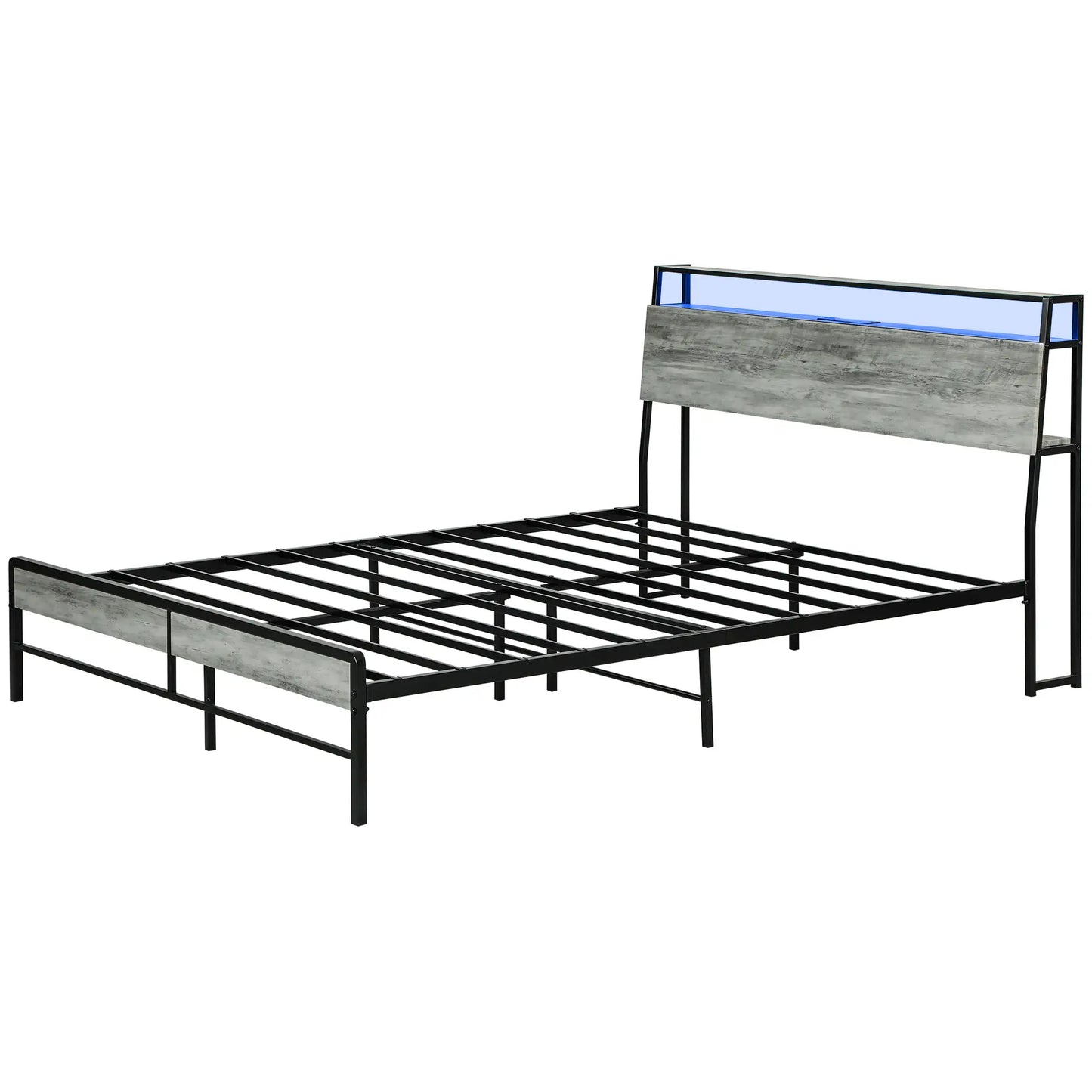 Double Steel Bed Frame with LED Lights and Headboard Shelf - Grey