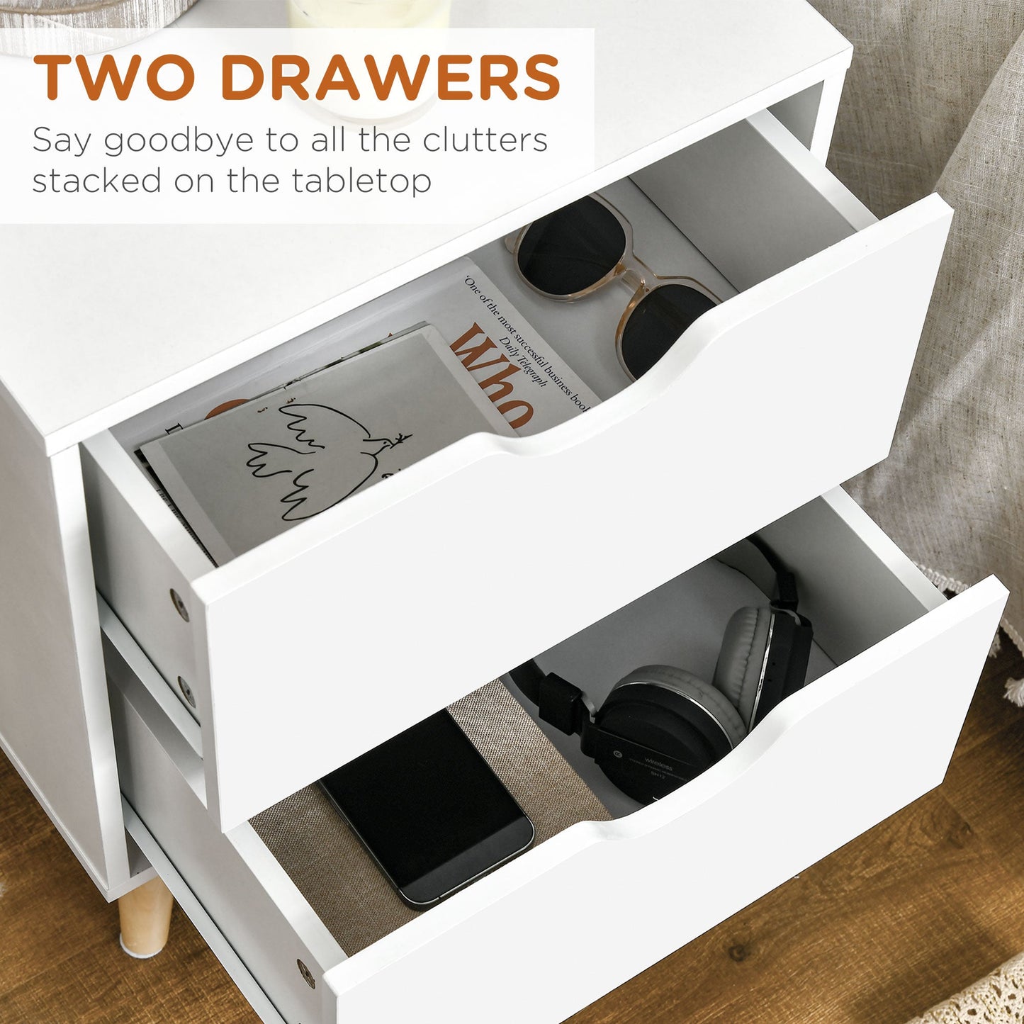 Bedside Table, Bedside Cabinet with 2 Drawers, Side End Table with Pine Wood Legs for Bedroom Living Room, White