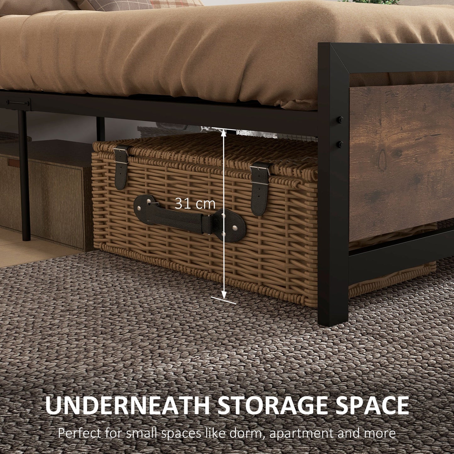 Single Industrial Style Metal Bed Frame with Rustic Wooden Headboard - Black-4