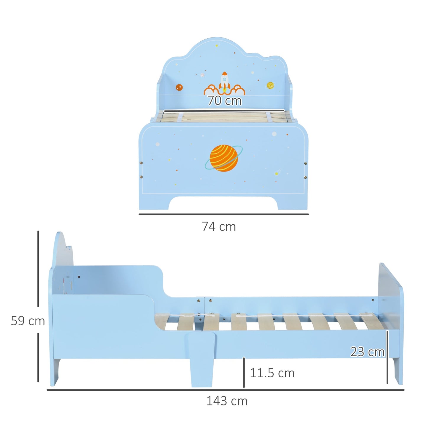 Toddler Bed with Safety Side Rails and Rocket Patterns - Blue