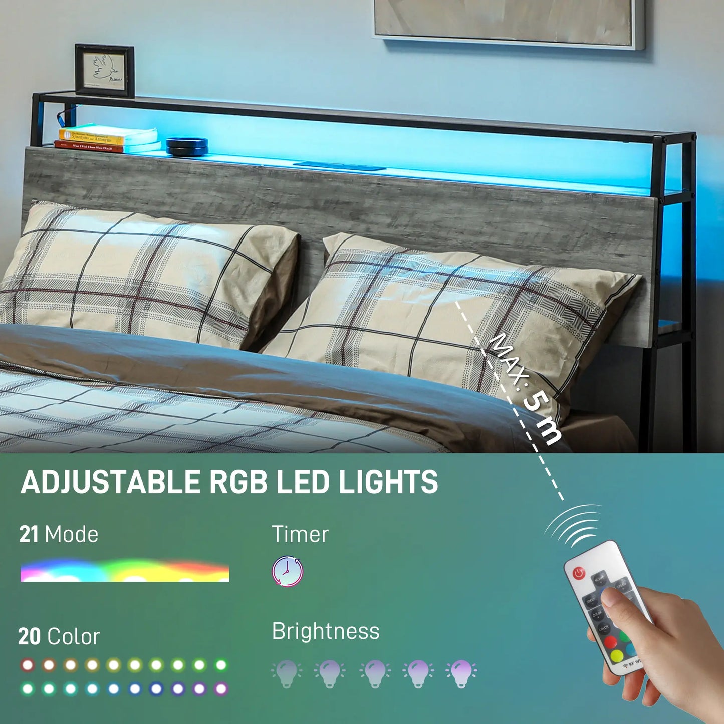 Double Steel Bed Frame with LED Lights and Headboard Shelf - Grey